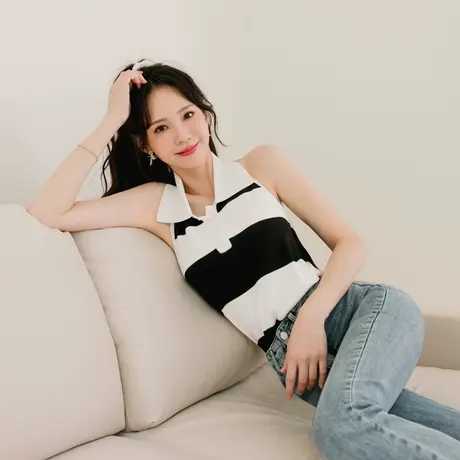 桔熊夏季甜酷休闲翻领吊脖削肩露背针织背心无袖上衣女大码FA2558图片