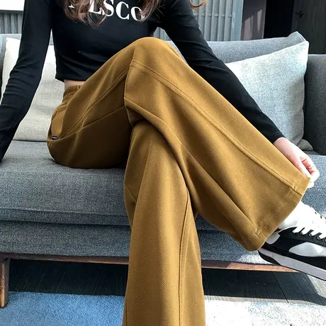 姜黄色阔腿裤女春秋2024新款小个子百搭宽松直筒高腰运动休闲长裤商品大图