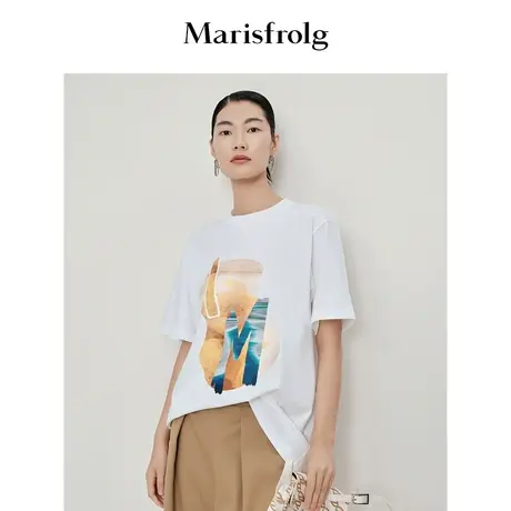 【曹雨西联名】玛丝菲尔夏新款白色宽松休闲圆领t恤打底衫商品大图