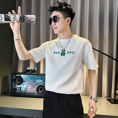 夏季刺绣字母短袖T恤男痞帅半截袖男装2023新款潮牌夏装半袖上衣t商品大图