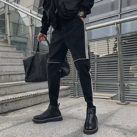 男秋季裤子休闲裤哈伦裤小脚裤工装修身潮流运动拼色加绒百搭ins商品大图