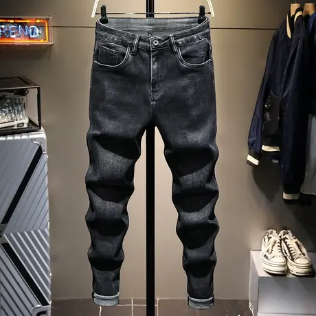 香港高端黑灰色加厚牛仔裤男秋冬款弹力潮牌修身小脚长裤子男显瘦商品大图