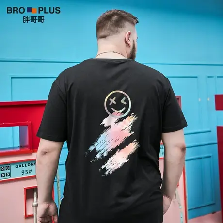 胖哥哥彩虹笑脸纯棉大码短袖男潮宽松加肥加大胖子T恤男士半袖衫图片