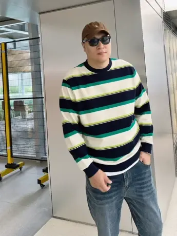 DAEVU秋新款多巴胺彩条纹大号潮胖子加肥加大码男款圆领长袖卫衣商品大图