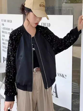 皮衣外套女春秋2023年新款小个子机车亮片拼接休闲pu夹克商品大图