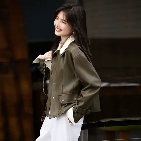 时尚夹克外套2023年秋冬款翻领撞色收腰百搭气质高级短款皮上衣图片