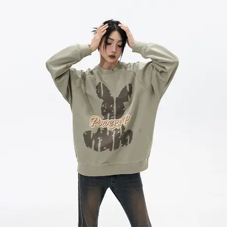 美式复古无帽卫衣女春秋2023年新款圆领宽松oversize潮牌套头上衣商品大图