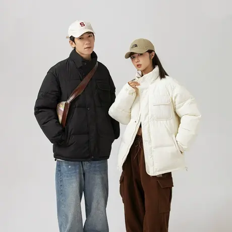 纯色情侣装立领保暖棉服女冬季2023新款加厚外套宽松复古棉衣棉袄商品大图