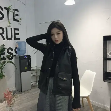 秋装韩版修身显瘦百搭薄款PU皮衣女装机车马甲小立领无袖外套学生图片