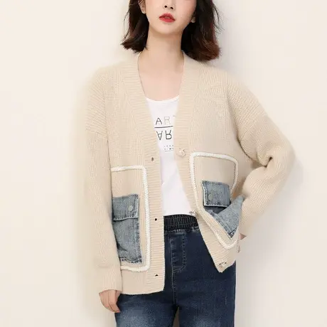 韩潮袭人中长款牛仔拼接针织开衫女冬季新款宽松V领毛衣外套图片