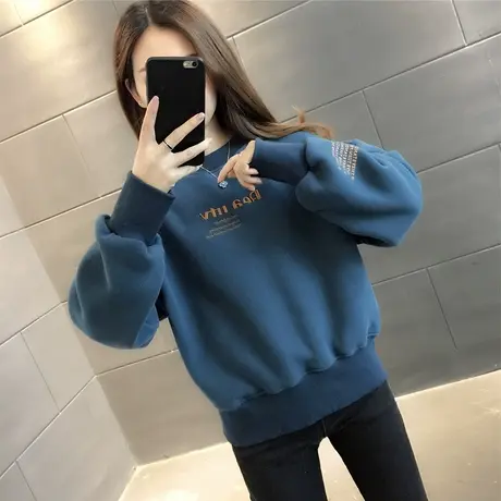 加绒加厚宽松卫衣女2023年新款秋冬百搭韩版圆领字母套头上衣外套商品大图