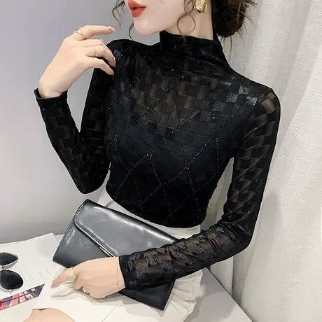 高领打底衫女春秋2024新款时尚烫钻长袖T恤洋气紧身内搭蕾丝上衣商品大图