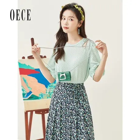 Oece别致设计感T恤夏季新款女装圆领小衫时尚泡泡袖短袖上衣商品大图