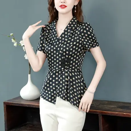 2023夏季轻熟风气质翻领波点衬衫女修身显瘦V领洋气复古盘扣衬衣图片