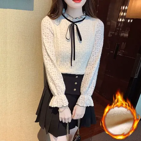 秋冬女士蕾丝加绒加厚保暖打底衫2023冬天时尚设计感气质内搭小衫商品大图