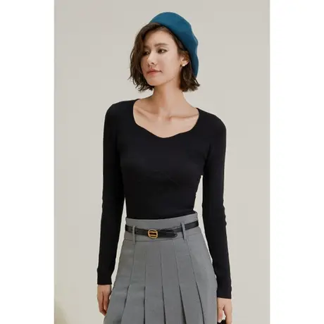 弥古法式方领打底t恤女长袖黑色修身毛衣针织衫上衣显瘦秋冬内搭商品大图