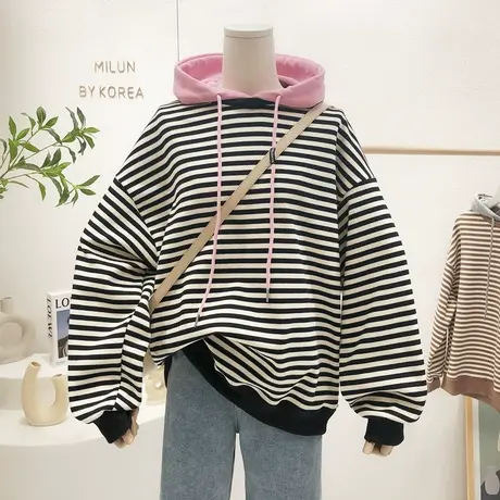 韩国东大门连帽卫衣2022春装新款小众洋气撞色条纹上衣宽松大码商品大图