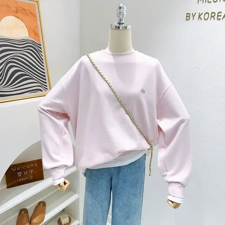 微胖遮肉粉色上衣2023早秋新款韩版简约净色纯棉长袖卫衣百搭宽松图片