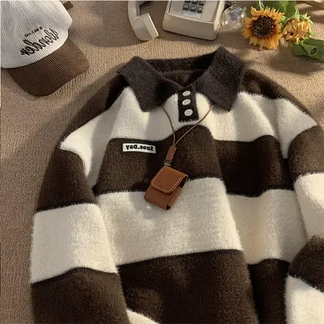 设计感条纹polo领毛衣女新款秋冬外穿宽松日系复古慵懒风软糯外套商品大图