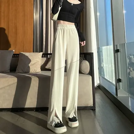 米白色开叉阔腿裤女春秋2024年新款高腰直筒宽松显瘦休闲拖地长裤图片