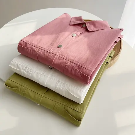 秋季韩版简约大气纯色polo翻领长袖单排扣衬衫女宽松慵懒开衫外套图片