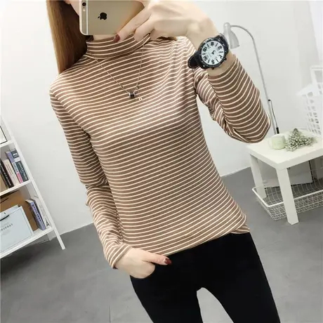 半高领长袖t恤女2023年秋季新款修身条纹内搭打底衫紧身上衣洋气商品大图