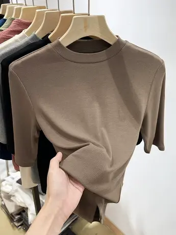 欧货螺纹五分袖t恤女2023新款早秋修身中袖半高领打底小衫上衣薄商品大图