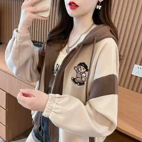 早秋连帽卫衣女春秋韩版宽松初秋撞色百搭学生薄款小个子开衫外套商品大图