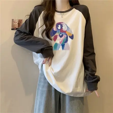 卡通动漫印花长袖T恤女宽松韩版德绒秋冬装撞色插肩袖上衣打底衫图片