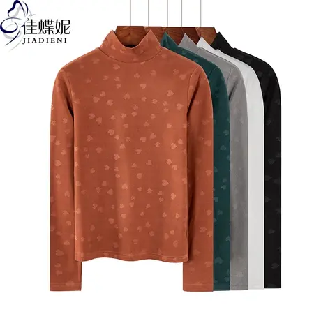 秋冬新款韩版半高领修身加绒德绒保暖长袖体恤上衣内搭打底印花女图片
