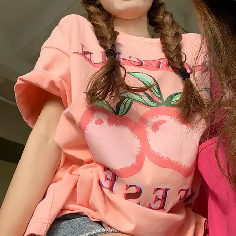 甜美印花chicT恤女宽松圆领显瘦甜酷短袖上衣ins潮粉色闺蜜装夏季商品大图