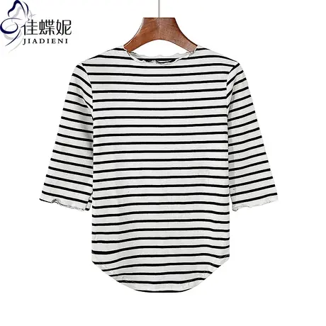 秋季新款荷叶边圆领纯棉修身下摆圆弧纯欲条纹中袖体恤上衣女打底图片