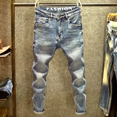 2023新款潮流牛仔裤男修身小脚裤春季潮牌个性虎头烫印小直筒裤子图片