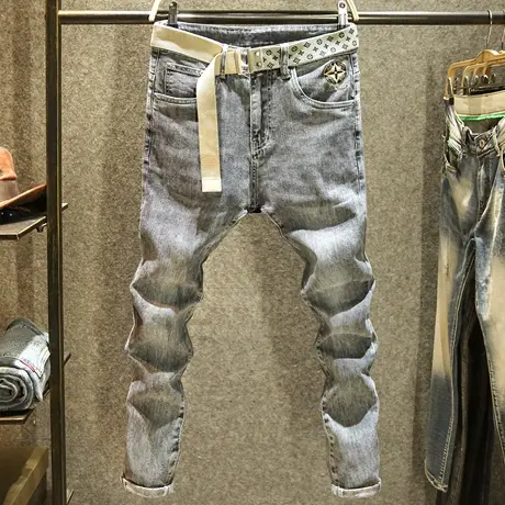 高端时尚大牌牛仔裤男款个性刺绣修身小脚裤秋季男士灰色弹力裤子商品大图