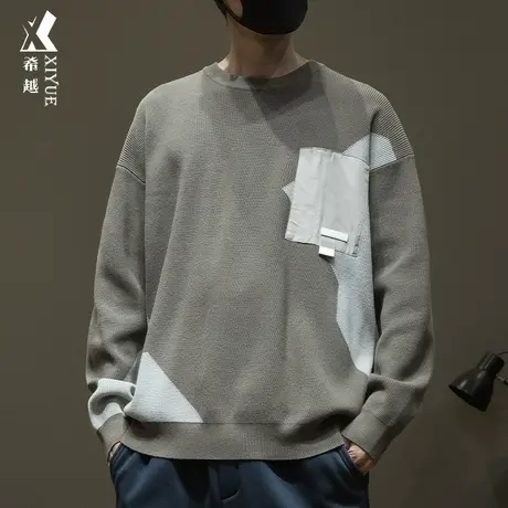 春季美式拼接毛衣男春秋新款保暖宽松大码男士针织衫套头毛衫外套商品大图