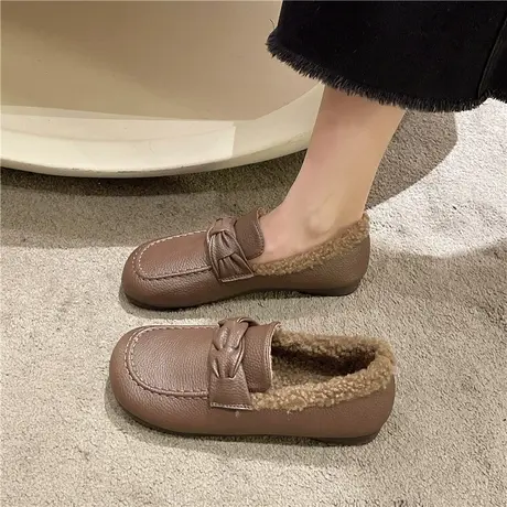 羊羔毛小皮鞋软底豆豆鞋女2024年秋冬新款懒人毛毛鞋加绒棉瓢鞋女图片