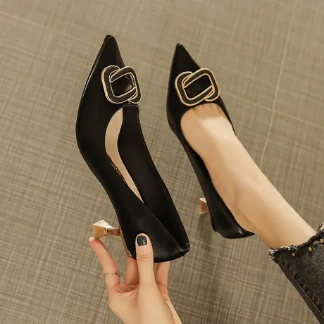 2024春季新款黑色百搭舒适软皮高跟鞋女细跟6cm性感法式职业单鞋商品大图