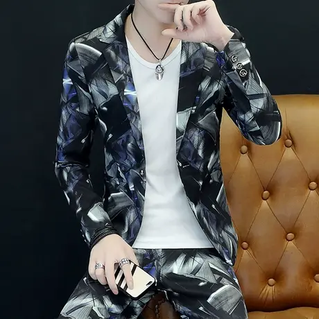 西服套装男士韩版修身帅气小西装三件套青年发型师潮流花外套秋装图片