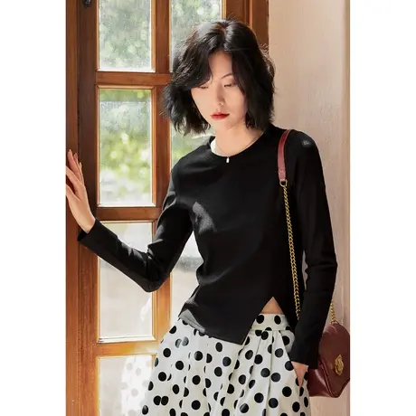 弥古黑色长袖t恤女小众设计感秋装不规则开叉上衣秋季内搭打底衫商品大图