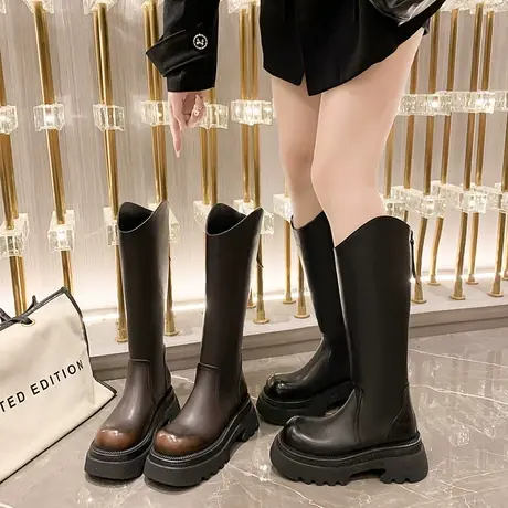 长筒靴女2023冬新款网红超火高跟马丁靴复古v口小个子厚底骑士靴图片