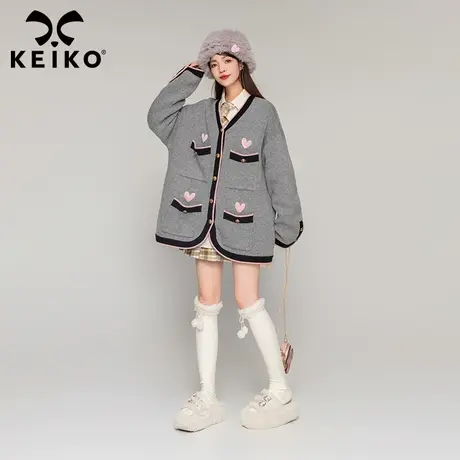 [30%羊毛] 小香风拼色开衫外套女中长款2023秋冬法式甜美针织毛衣图片