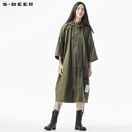 sdeer圣迪奥秋装纯色贴布飘带连帽中袖均码风衣外套S17381841🗞图片