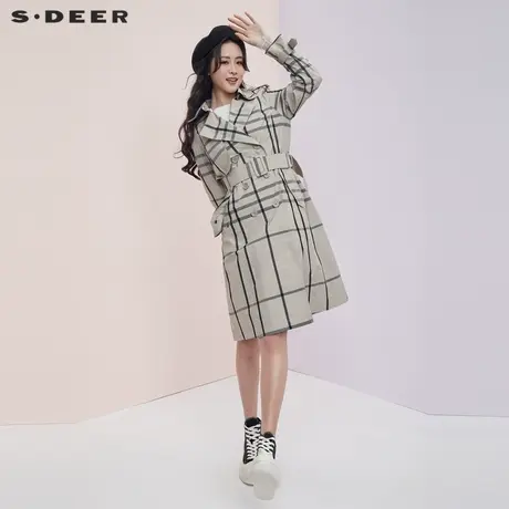 sdeer圣迪奥春秋女装英伦格纹翻领腰带修身中长款风衣S20181801🏃图片