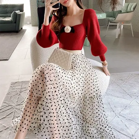 粉红大布娃娃复古风方领泡泡袖高腰显瘦露锁骨套头针织衫2022早春商品大图