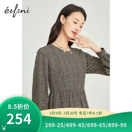 伊芙丽连衣裙春秋新品长袖圆领印花显瘦收腰中长款裙子1C9192092图片