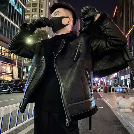 冬款皮毛一体摇粒绒外套男潮牌个性拼接夜店设计感机车服加厚棉衣图片