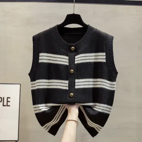 圆领条纹针织开衫马甲背心女2024春秋新款宽松外穿马夹毛衣坎肩潮商品大图