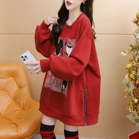 韩版卡通宽松中长款卫衣女2024新款春季洋气减龄加绒加厚上衣外套商品大图