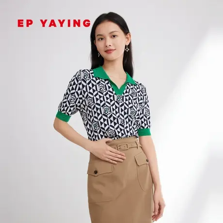 EP雅莹女装 设计感提花冰丝短袖polo针织衫 2023新款9531A商品大图