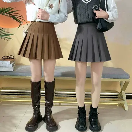 小个子显高A字裙女秋冬半身裙145矮个子 xs学生棕色高腰百褶短裙图片